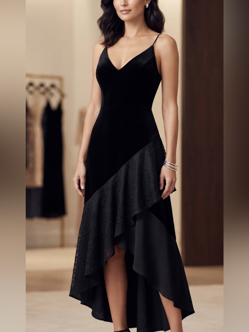 Betsy & Adam Black Velvet and Lace Maxi Slip Dress